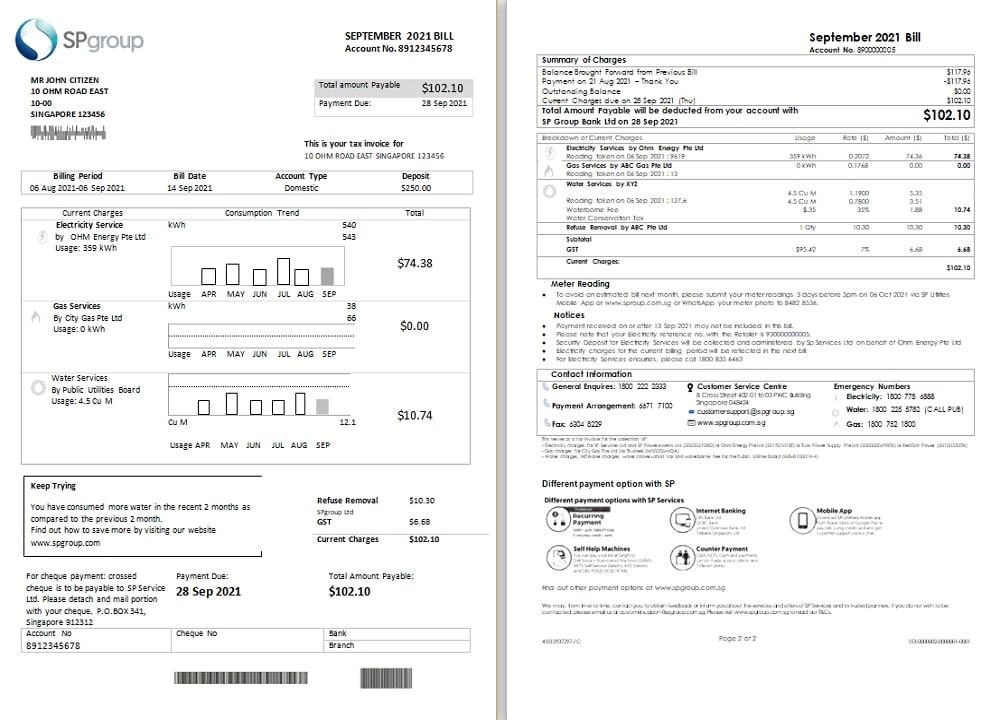 Singapore SP Group utility bill template in Word and PDF format (2 pages)